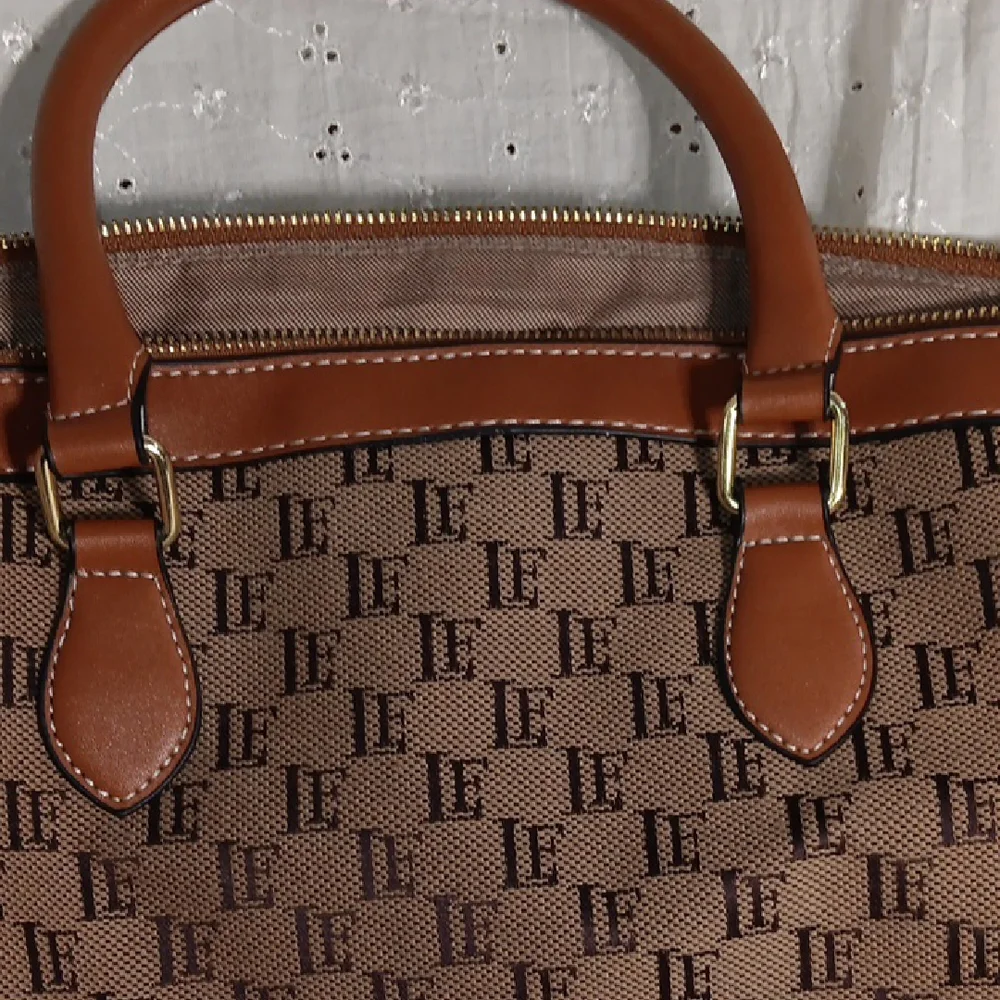 Brown Patterned Tote Bag with Tan Trim